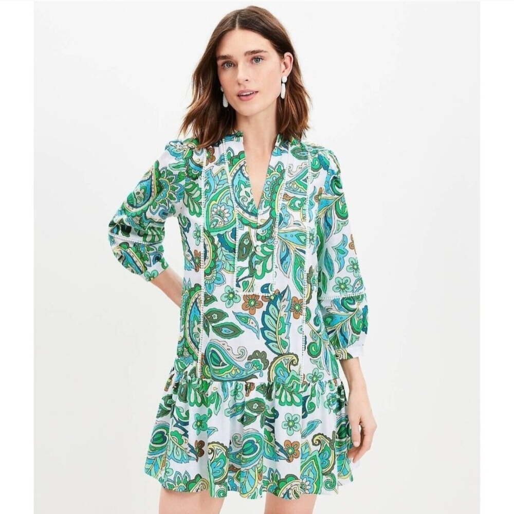 LOFT Green Paisley Floral Split Neck Midi Swing Dress 3/4 Bell Sleeve. Sz- S